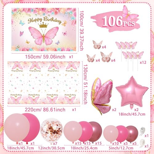 FengRise Pink Balloon Arch Kit with Foil Butterfly Balloons Happy Birthday Backdrop Tablecloth Decorations for Girls Party 106 Supplies - Image 5