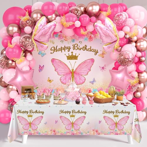 FengRise Pink Balloon Arch Kit with Foil Butterfly Balloons Happy Birthday Backdrop Tablecloth Decorations for Girls Party 106 Supplies - Image 1