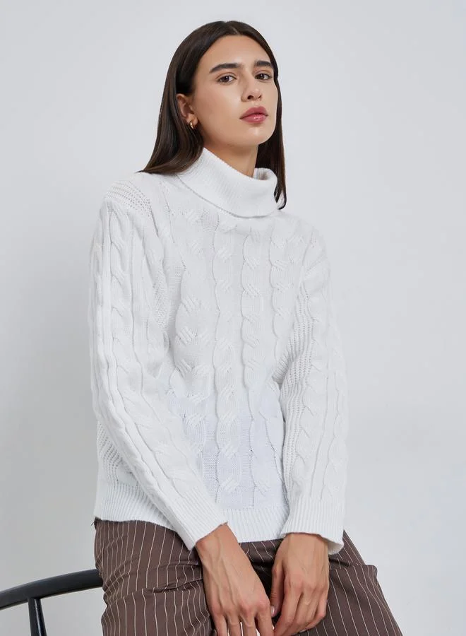 Take Two Take Two White Cable Knit Turtleneck Sweater