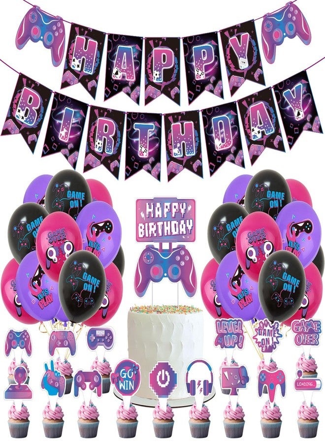 OULUN 37Pcs Video Game Party Decoration Set, Video Game Themed Birthday Party Decorations, Includes Banner Balloons Cake Toppers - Image 1