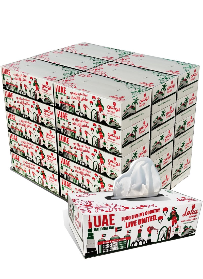 Lotus Alwadi Lotus Alwadi 30 Pcs Tissue Boxes with 2-ply 130 Sheet, 3900 Tissue Total - Soft Facial Tissue Bulk UAE flag for 2nd of November National Day, Living Room Bathroom and Car  - Image 1