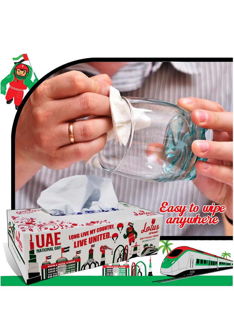 Lotus Alwadi Lotus Alwadi 30 Pcs Tissue Boxes with 2-ply 130 Sheet, 3900 Tissue Total - Soft Facial Tissue Bulk UAE flag for 2nd of November National Day, Living Room Bathroom and Car  - Image 2