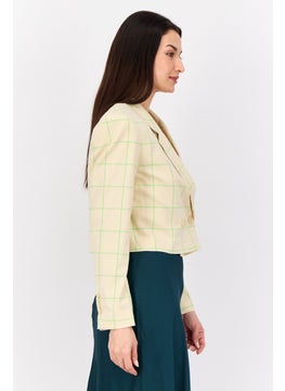 ESPRIT Women Regular Fit Plaid Crop Semi Formal Blazer, Cream  - Image 4