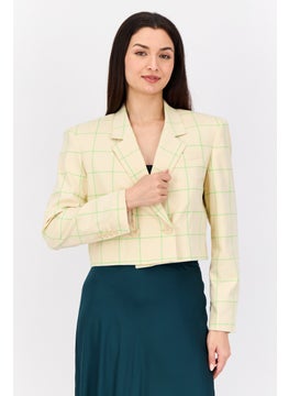 ESPRIT Women Regular Fit Plaid Crop Semi Formal Blazer, Cream  - Image 1