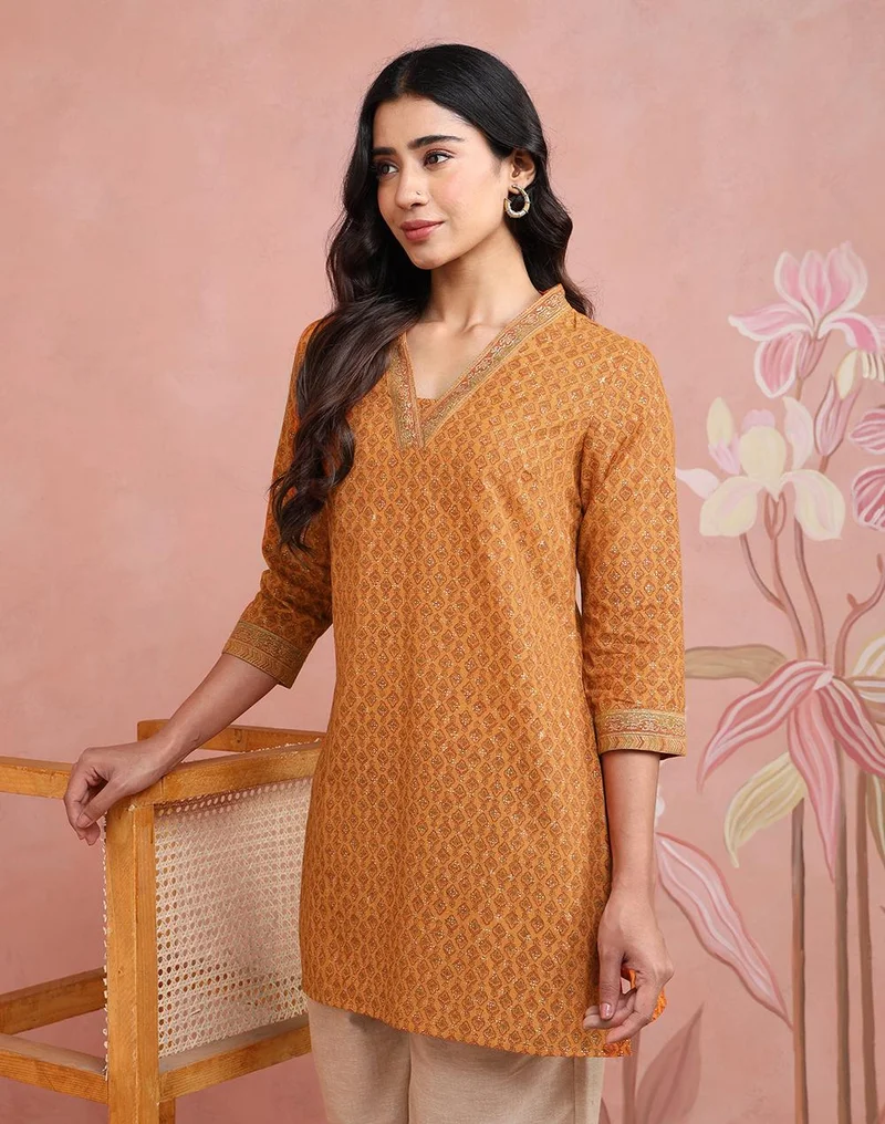 فاب انديا Yellow Cotton Hand Block Printed Slim Fit Short Kurta