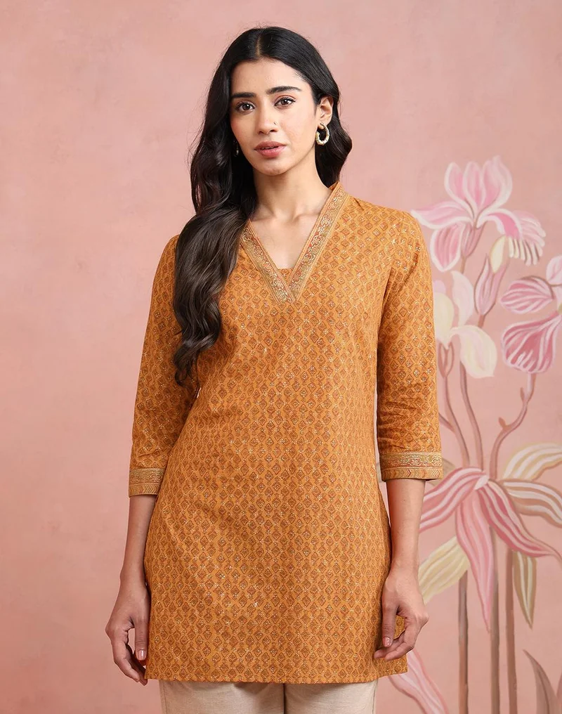 فاب انديا Yellow Cotton Hand Block Printed Slim Fit Short Kurta