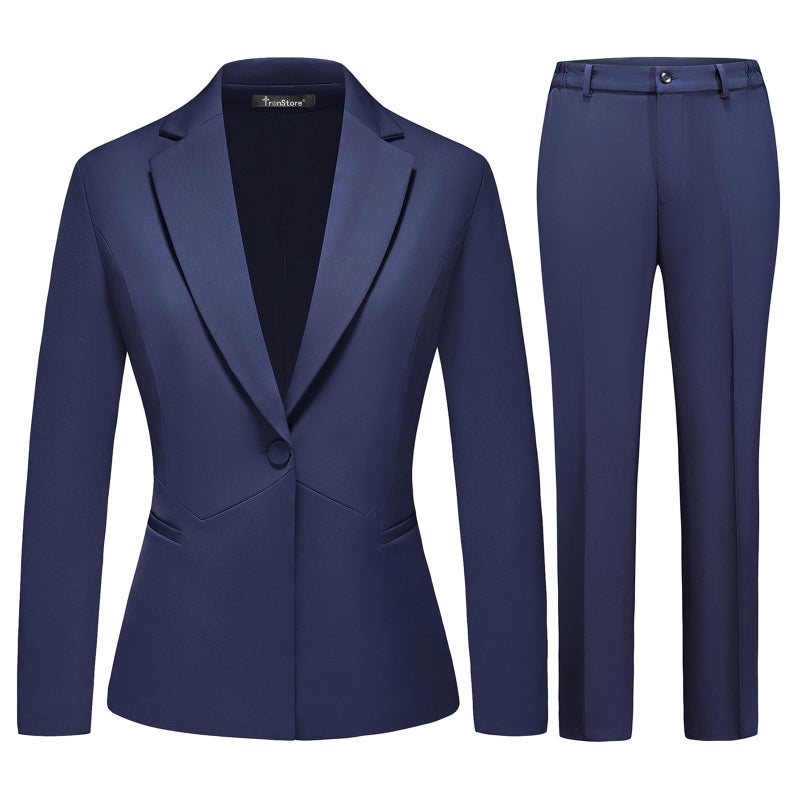 TRONSTORE Women's Business Suits for Work Professional 2 Piece Slim Fit Outfits Pants Suit for Women-Navy-L - Image 1