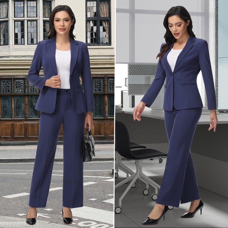 TRONSTORE Women's Business Suits for Work Professional 2 Piece Slim Fit Outfits Pants Suit for Women-Navy-L - Image 5