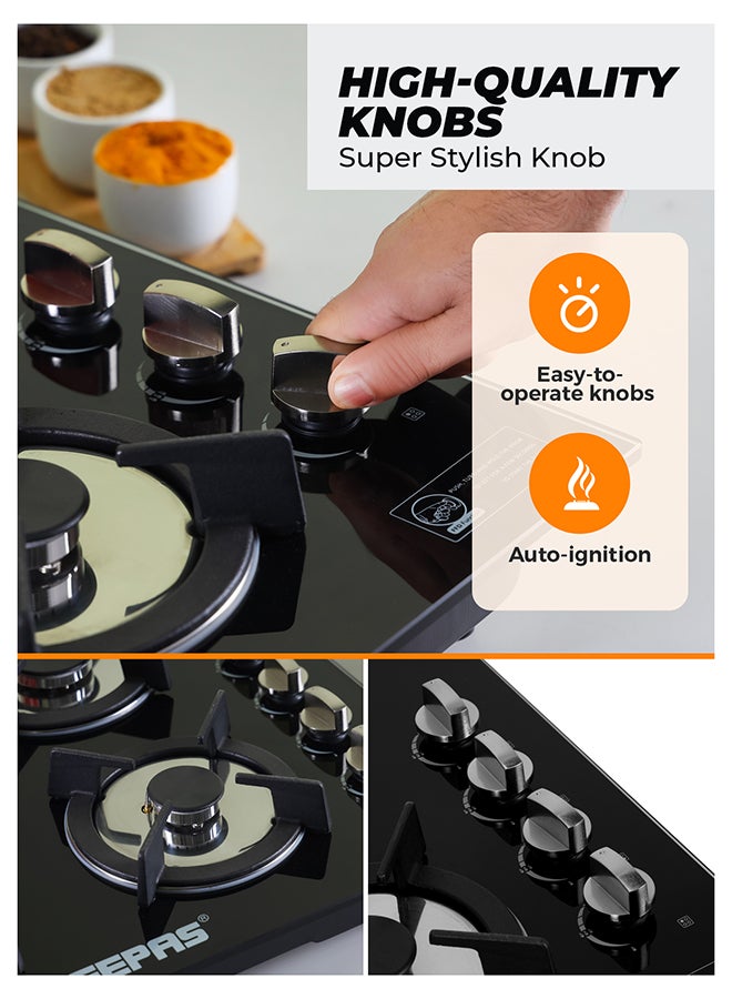 GEEPAS Built-In Glass Gas Hob Four Burner with FFD|  Heavy Cast Iron Pan Support |  Auto Impulse Ignition with BS Plug | 8mm Tempered Glass Pane l GGC31050FFD Black - Image 5