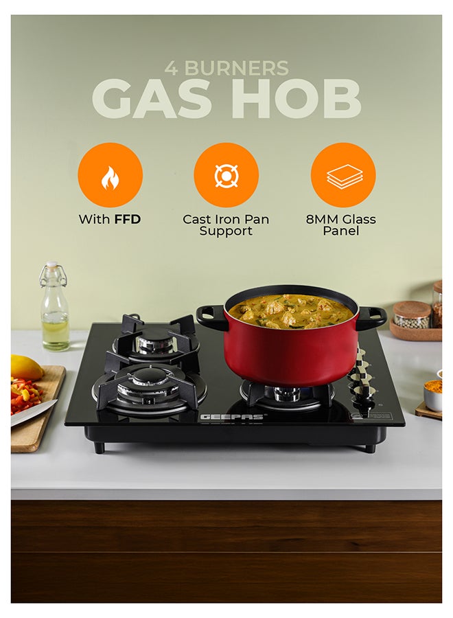 GEEPAS Built-In Glass Gas Hob Four Burner with FFD|  Heavy Cast Iron Pan Support |  Auto Impulse Ignition with BS Plug | 8mm Tempered Glass Pane l GGC31050FFD Black - Image 2