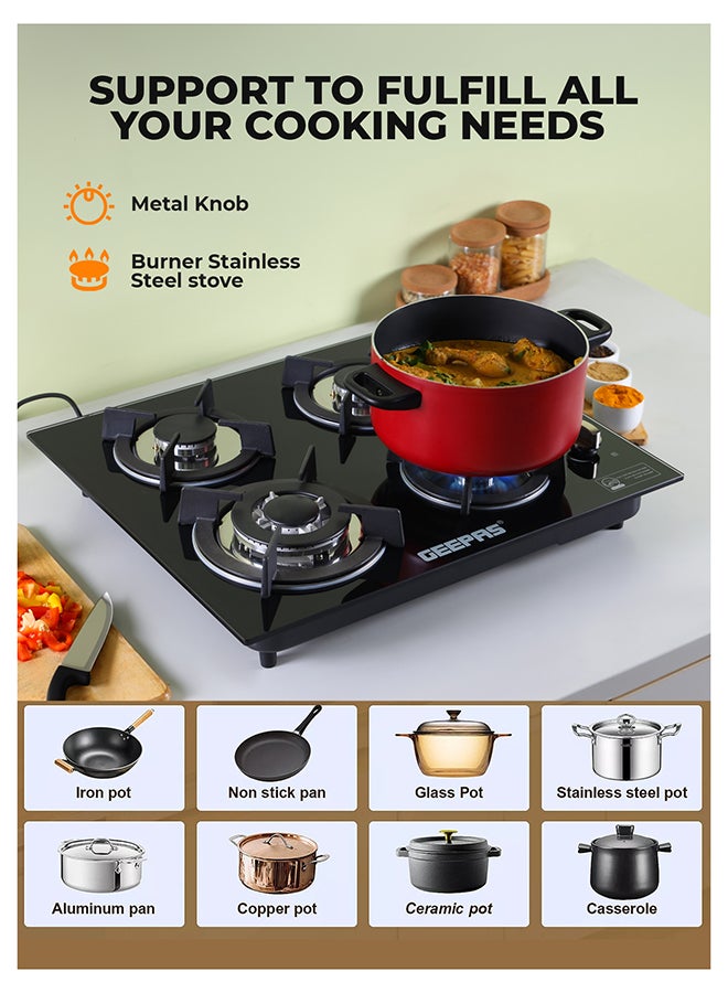 GEEPAS Built-In Glass Gas Hob Four Burner with FFD|  Heavy Cast Iron Pan Support |  Auto Impulse Ignition with BS Plug | 8mm Tempered Glass Pane l GGC31050FFD Black - Image 4