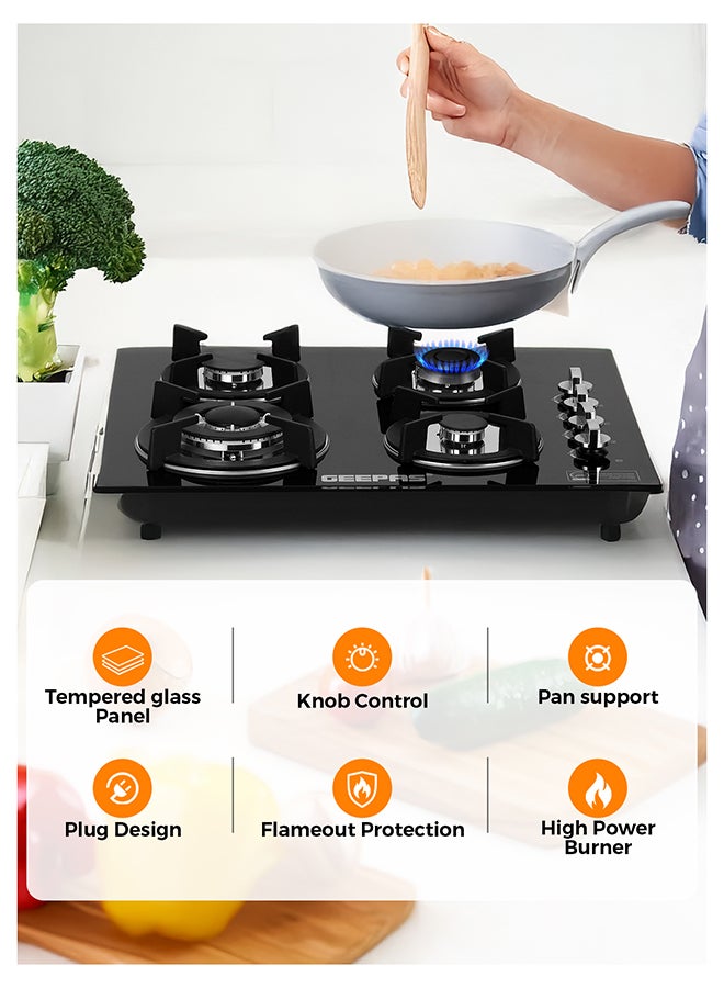 GEEPAS Built-In Glass Gas Hob Four Burner with FFD|  Heavy Cast Iron Pan Support |  Auto Impulse Ignition with BS Plug | 8mm Tempered Glass Pane l GGC31050FFD Black - Image 3