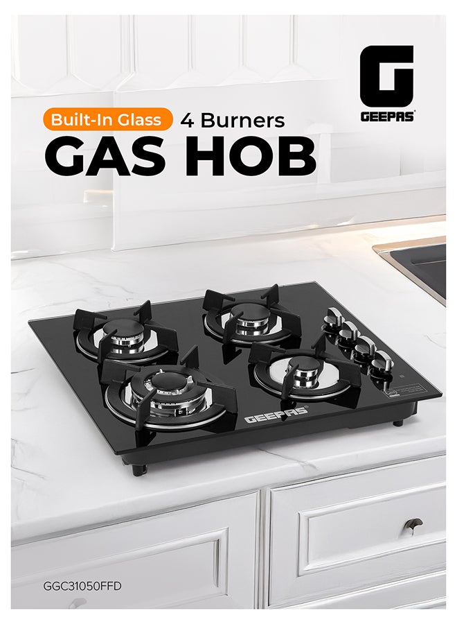 GEEPAS Built-In Glass Gas Hob Four Burner with FFD|  Heavy Cast Iron Pan Support |  Auto Impulse Ignition with BS Plug | 8mm Tempered Glass Pane l GGC31050FFD Black - Image 1