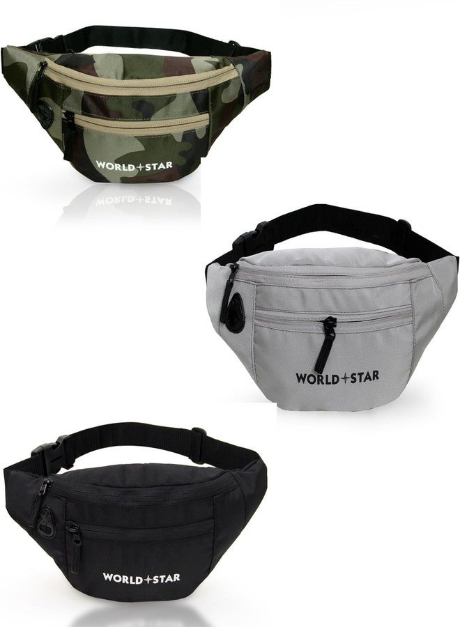 World Star Polyester Waist Pack Travel Handy Hiking Zip Pouch Document Money Phone Belt Sport Bag for Men and Women and Adult | Black Grey Khaki | Rock Combo Army,Grey,Black Waist Bag - Image 1