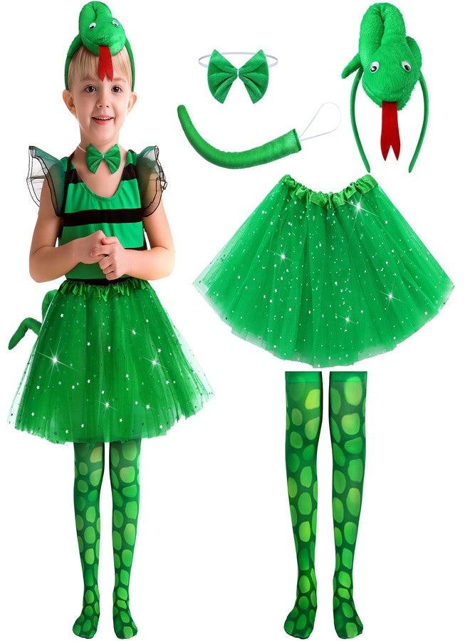 Newcotte 5 Pcs Halloween Costume Set Chicken Crocodile Snake Headband Bowtie Tail Tutu and Socks Accessories(Snake,Kid) - Image 1