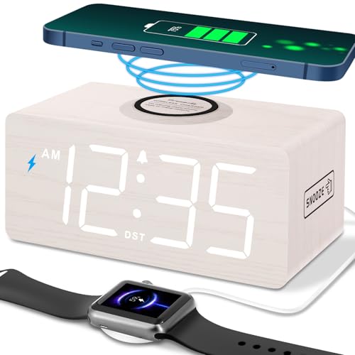 DreamSky Wooden Digital Alarm Clock with Wireless Charging for Bedroom Bedside Nightstand Clock with Charger Station USB Port Large Numbers Adjustable Volume Brightness Dimmer DST - Image 1