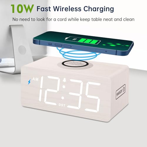 DreamSky Wooden Digital Alarm Clock with Wireless Charging for Bedroom Bedside Nightstand Clock with Charger Station USB Port Large Numbers Adjustable Volume Brightness Dimmer DST - Image 3