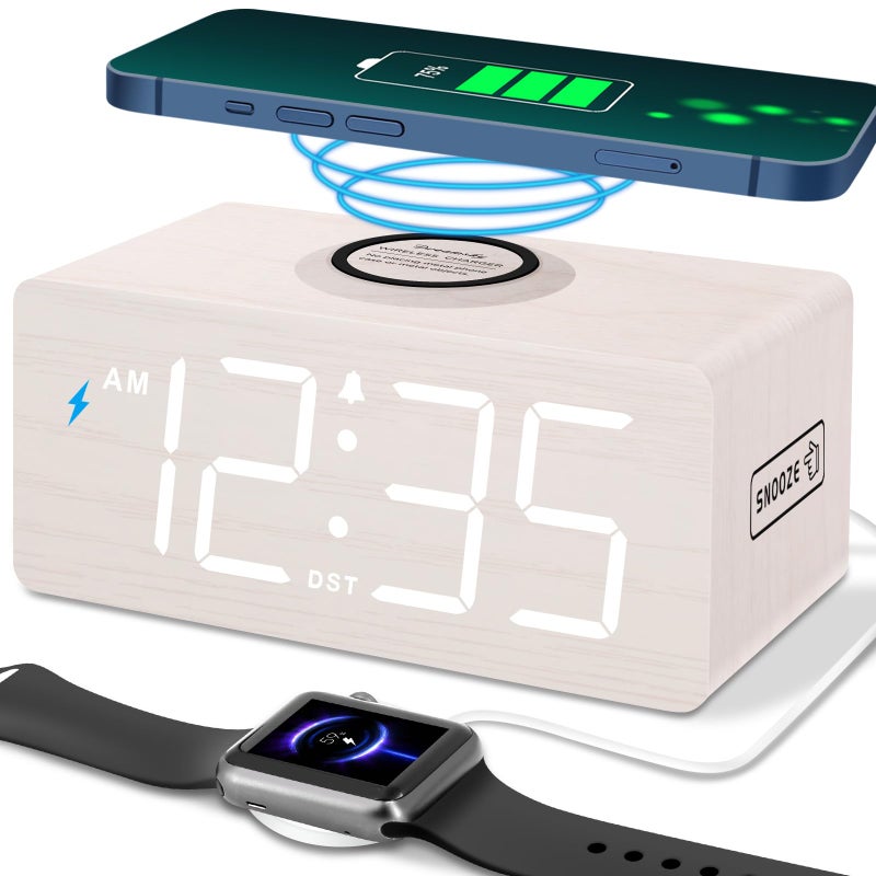 DreamSky Wooden Digital Alarm Clock with Wireless Charging for Bedroom Bedside Nightstand Clock with Charger Station USB Port Large Numbers Adjustable Volume Brightness Dimmer DST - Image 2