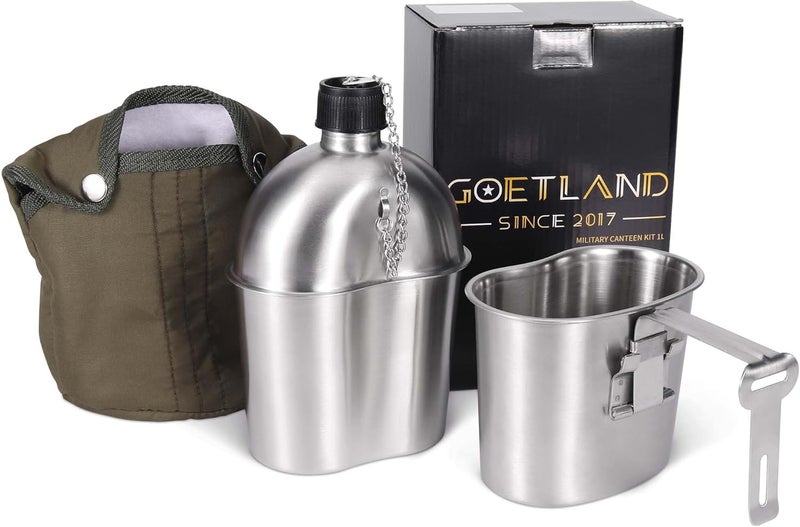 Goetland قنينة ماء عسكرية من الفولاذ المقاوم للصدأ WWII US Army مع مجموعة قنينة 1QT وكوب 0.5QT وحقيبة نايلون G.I. - Image 1
