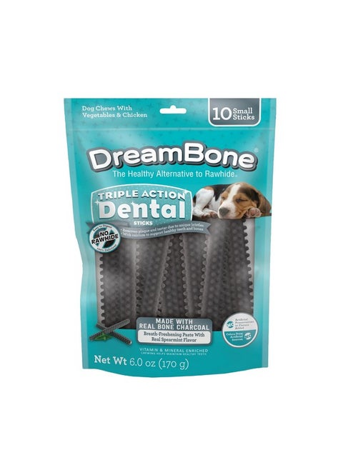 Dreambone Triple Action Dental Sticks Charcoal, 10 Count, Rawhide-Free Chews for Small and Medium Sized Dogs Freshens Breath