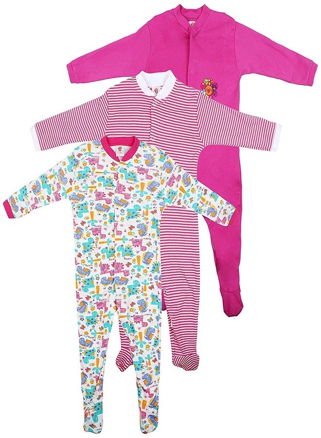 Mini Berry baby Girl Cotton Rompers in Pink Color for 3-6 Months-Set of 3Pcs - Image 1