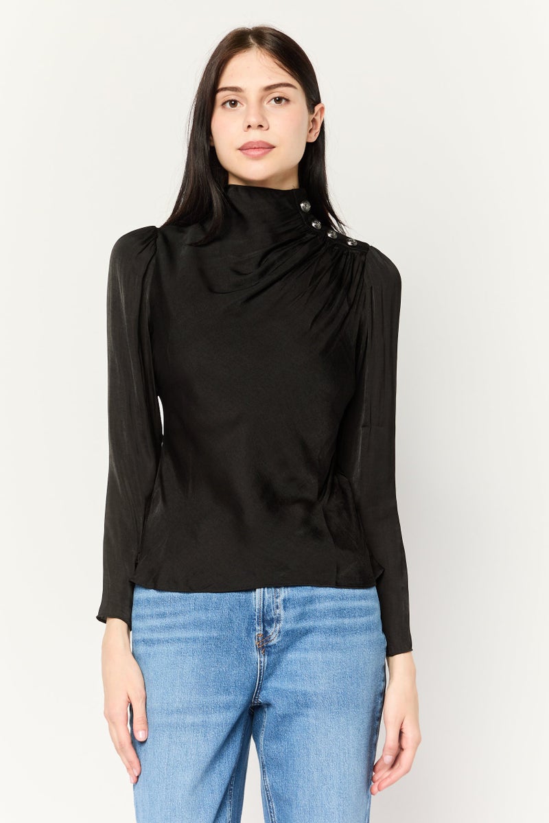 Tahari بلوزات ساتان بسيطة بأكمام طويلة وياقة مرتفعة للنساء، سوداء - Image 1