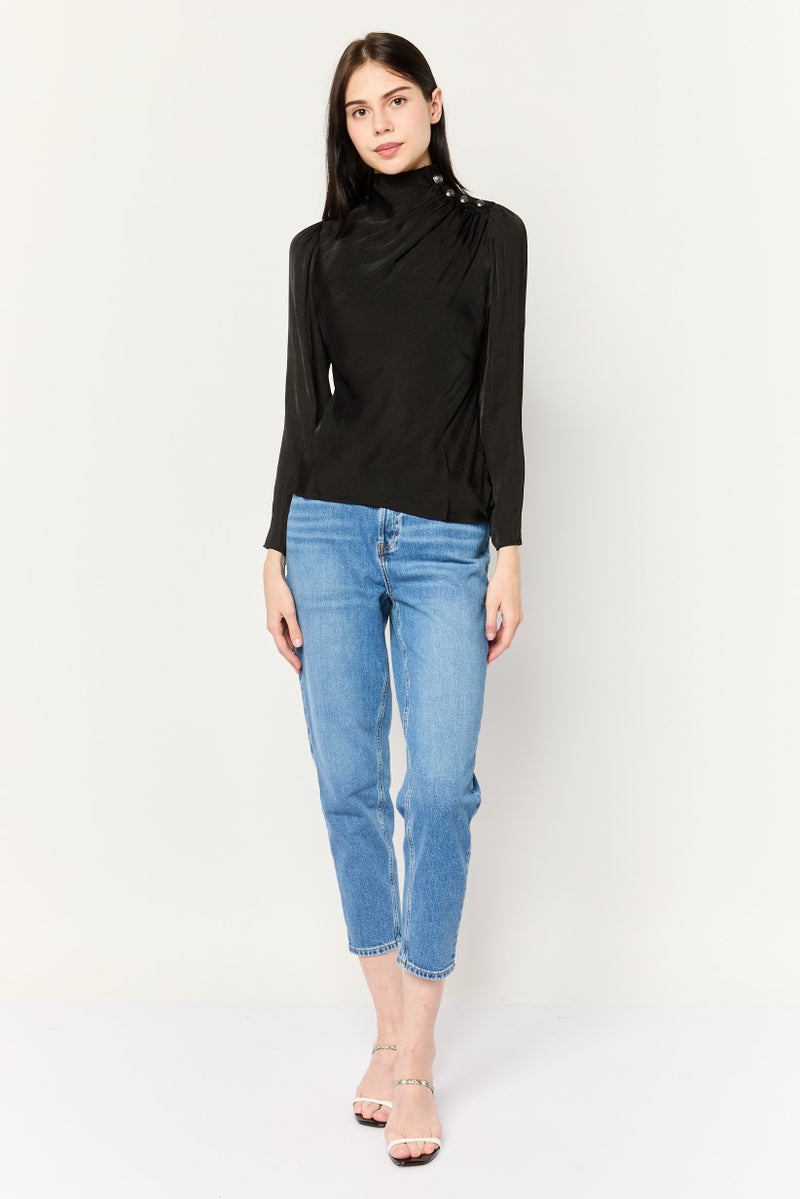 Tahari بلوزات ساتان بسيطة بأكمام طويلة وياقة مرتفعة للنساء، سوداء - Image 2