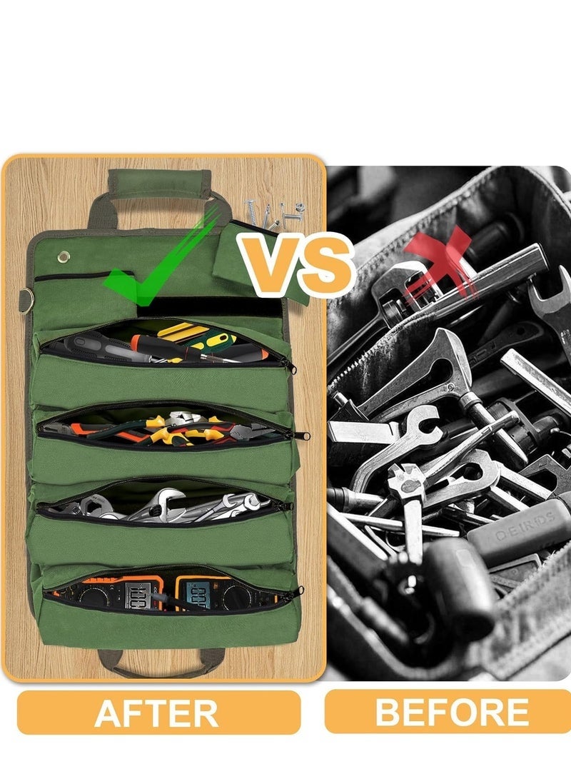 Arabest Tool Bag Roll Up, UUP Heavy Duty Rolled Empty Tool Storage Organization, Portable Foldable Rollup Organizer with 2 Small Pouches, Rollable Carrying Toolbag, Dad Men Mechanic Birthday Gifts, Army Green - Image 4