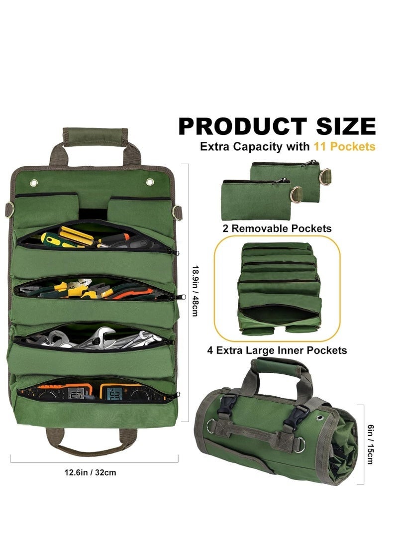 Arabest Tool Bag Roll Up, UUP Heavy Duty Rolled Empty Tool Storage Organization, Portable Foldable Rollup Organizer with 2 Small Pouches, Rollable Carrying Toolbag, Dad Men Mechanic Birthday Gifts, Army Green - Image 2