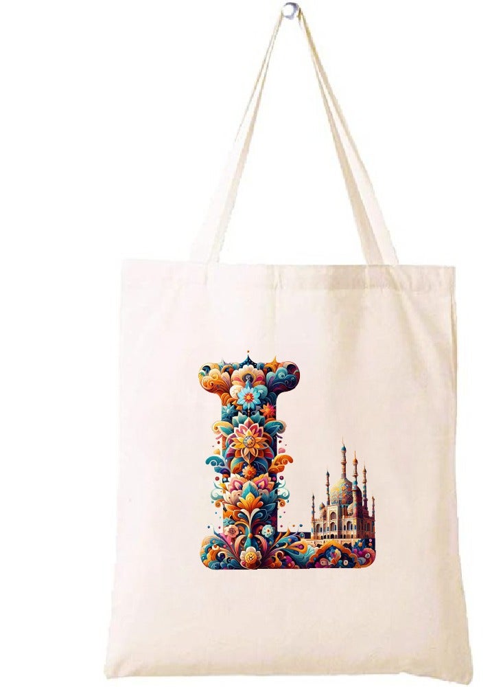 PRINTSHOP4ME Initial Monogram Tote Bag - Cotton Tote with Initial Design Printed - Perfect for School, Travel and Birthday Gift - Eco-Friendly Canvas Cotton Tote Bag for Women - Gift for Ramadan  - Image 1