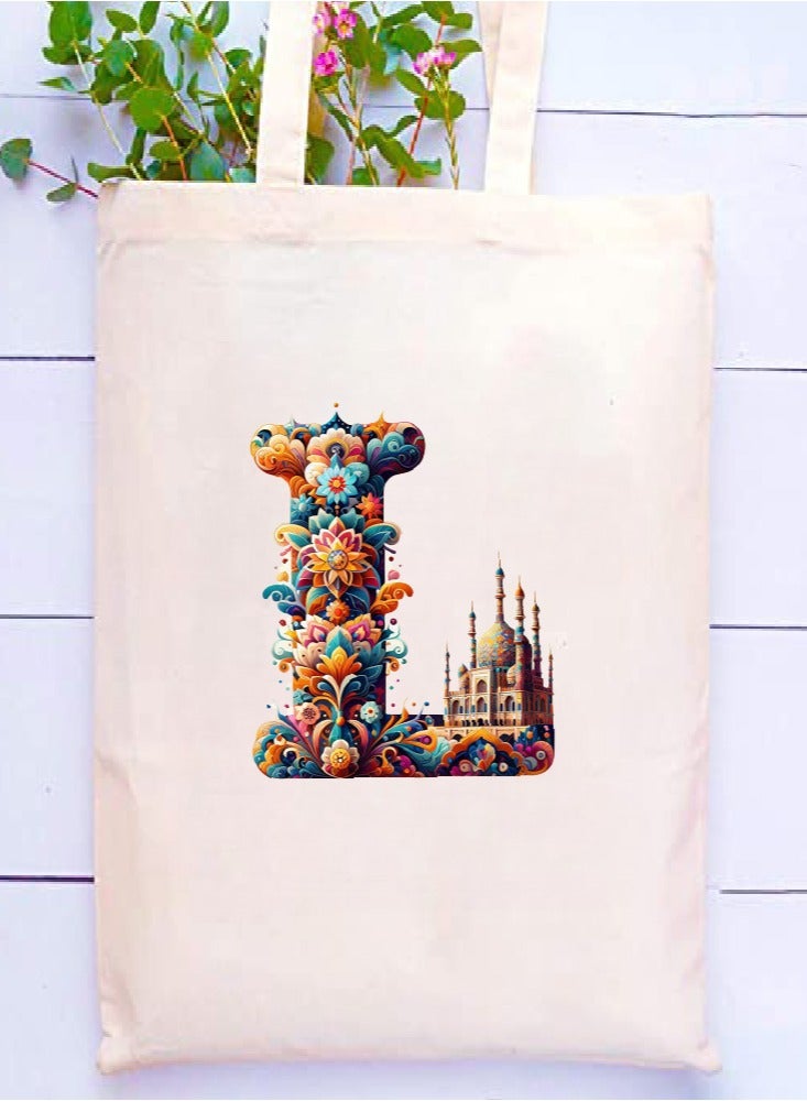 PRINTSHOP4ME Initial Monogram Tote Bag - Cotton Tote with Initial Design Printed - Perfect for School, Travel and Birthday Gift - Eco-Friendly Canvas Cotton Tote Bag for Women - Gift for Ramadan  - Image 2