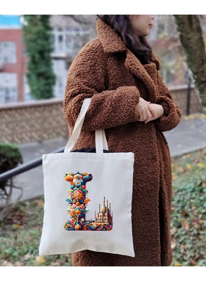 PRINTSHOP4ME Initial Monogram Tote Bag - Cotton Tote with Initial Design Printed - Perfect for School, Travel and Birthday Gift - Eco-Friendly Canvas Cotton Tote Bag for Women - Gift for Ramadan  - Image 5