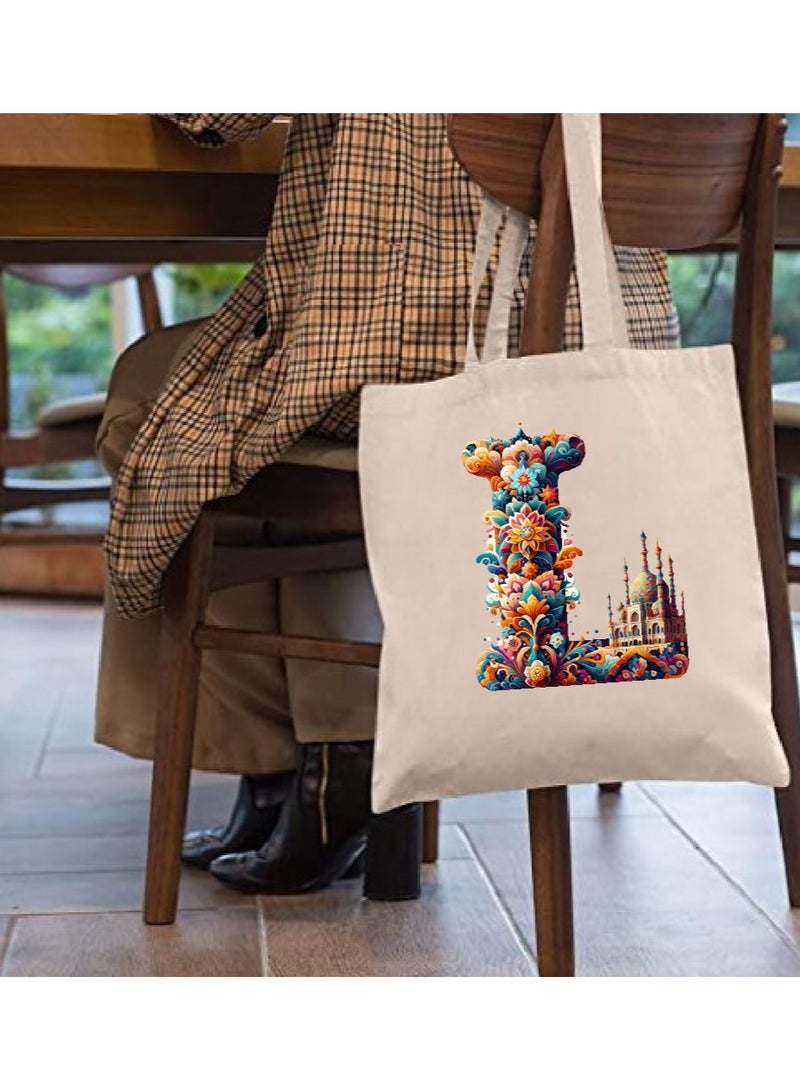 PRINTSHOP4ME Initial Monogram Tote Bag - Cotton Tote with Initial Design Printed - Perfect for School, Travel and Birthday Gift - Eco-Friendly Canvas Cotton Tote Bag for Women - Gift for Ramadan  - Image 3