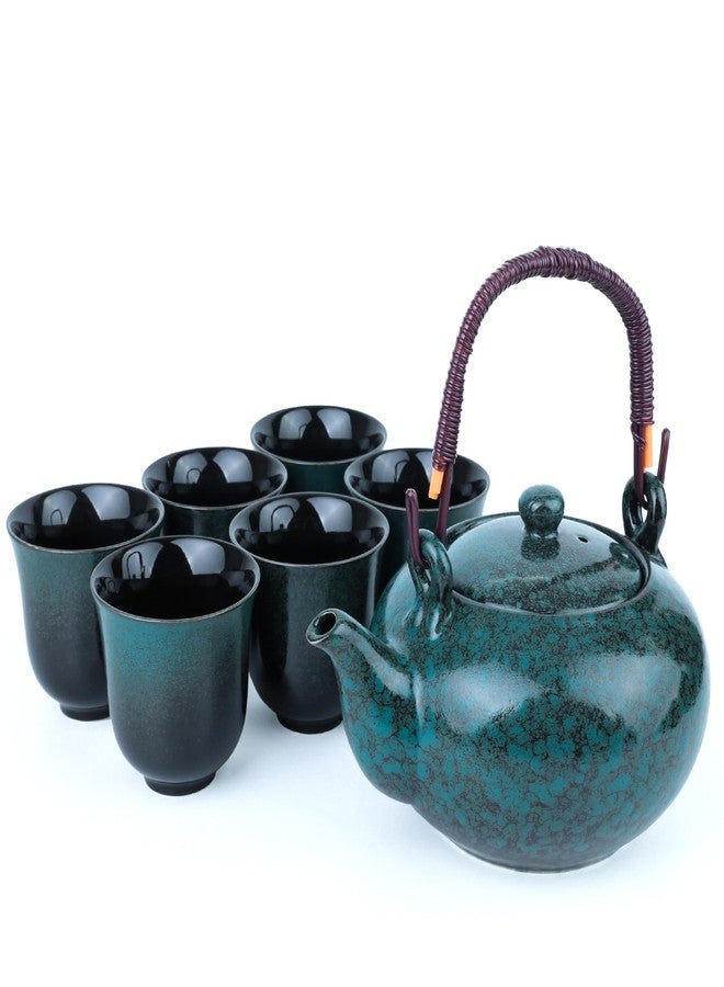 PUNNIO Japanese Tea Set, Japanese Style Porcelain Tea Sets for Adult, 1 Ceramic Tea Pot with Handle & 1 Stainless Steel Tea Filter & 6 Tea Cups (Fambe Blue) - Image 1