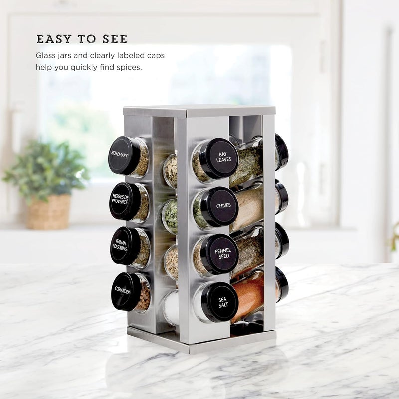 Kamenstein 16 Jar Heritage Revolving Countertop Spice Rack Organizer with Spices Included, FREE Spice Refills for 5 years, Brushed Stainless Steel with Black Caps - Image 4