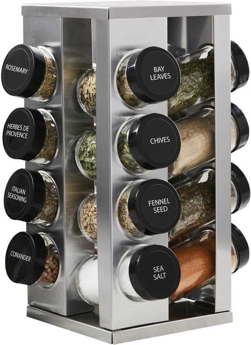 Kamenstein 16 Jar Heritage Revolving Countertop Spice Rack Organizer with Spices Included, FREE Spice Refills for 5 years, Brushed Stainless Steel with Black Caps - Image 1