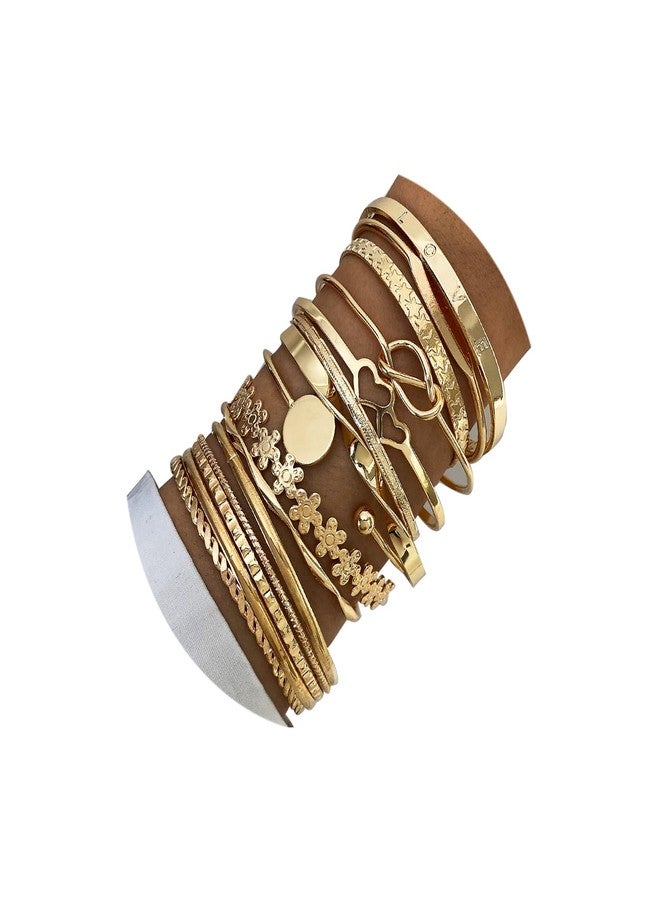 17IF 15 Pcs Gold Bangle Bracelet For Women, 14k Multilayer Charm Textured Stackable Bracelets Flower Love Heart More Style Indian Chunky Cuff Boho Jewelry Gift - Image 1