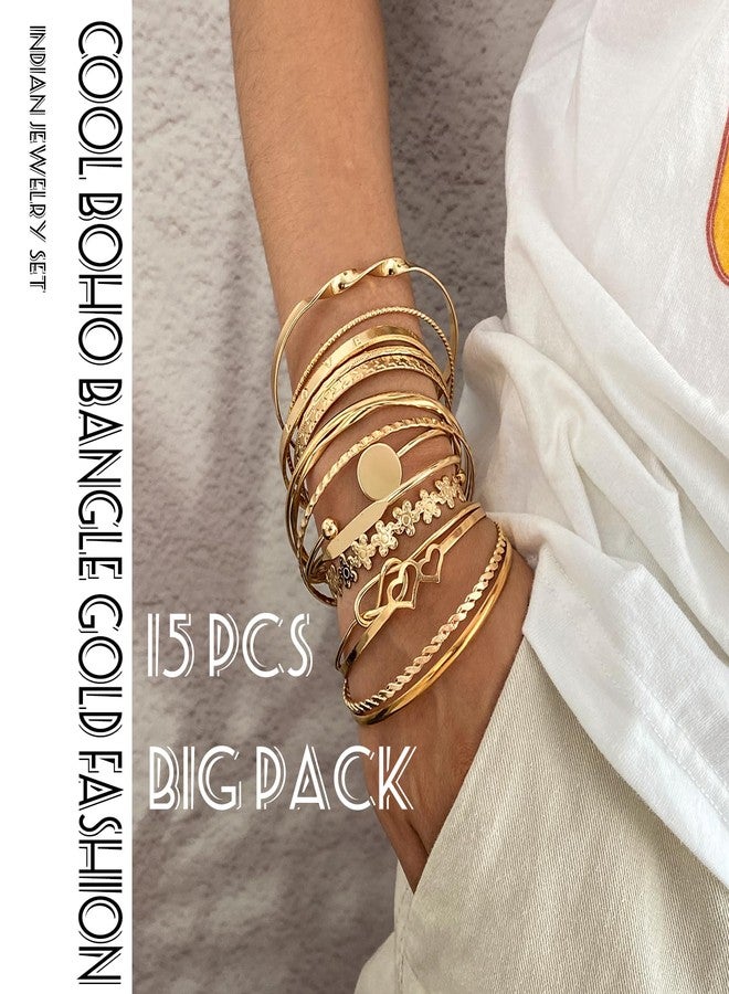 17IF 15 Pcs Gold Bangle Bracelet For Women, 14k Multilayer Charm Textured Stackable Bracelets Flower Love Heart More Style Indian Chunky Cuff Boho Jewelry Gift - Image 4