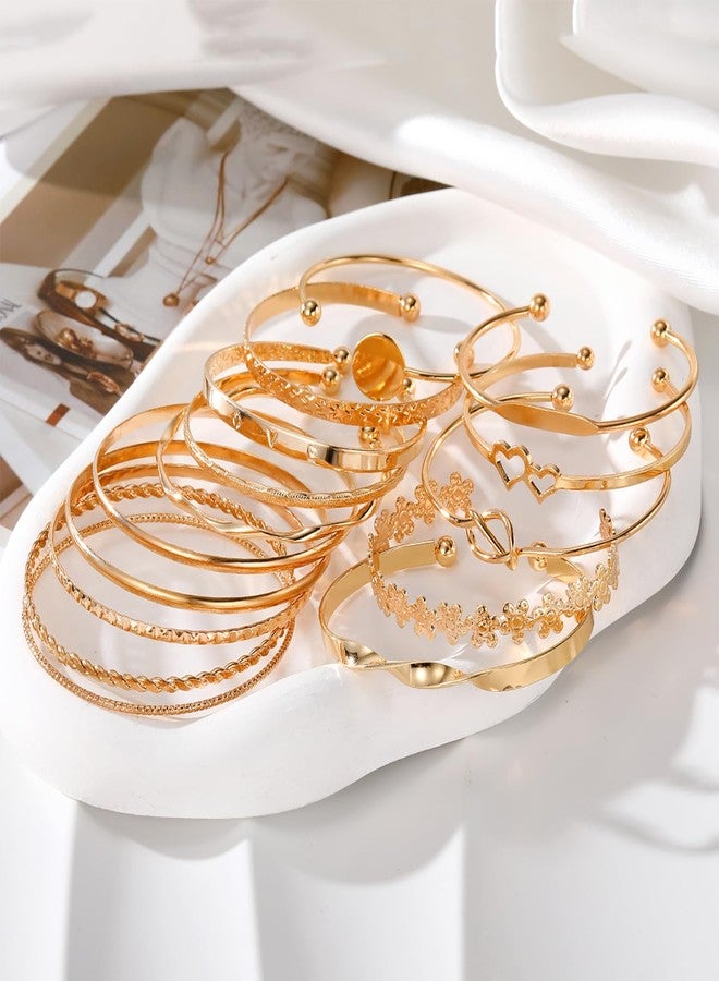 17IF 15 Pcs Gold Bangle Bracelet For Women, 14k Multilayer Charm Textured Stackable Bracelets Flower Love Heart More Style Indian Chunky Cuff Boho Jewelry Gift - Image 5