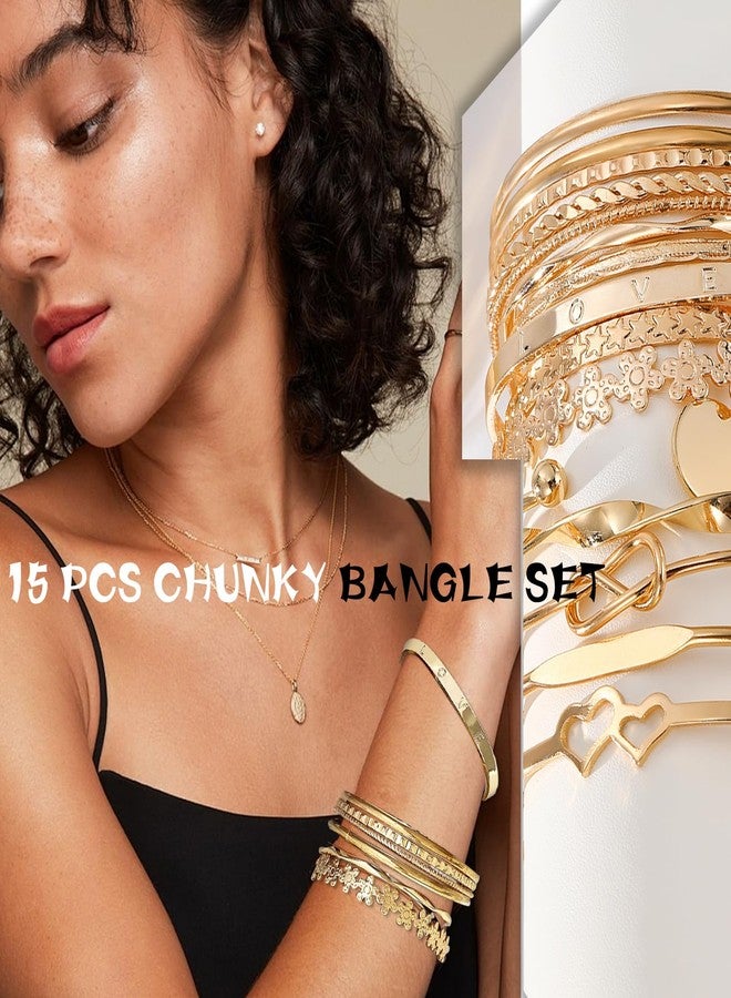 17IF 15 Pcs Gold Bangle Bracelet For Women, 14k Multilayer Charm Textured Stackable Bracelets Flower Love Heart More Style Indian Chunky Cuff Boho Jewelry Gift - Image 2