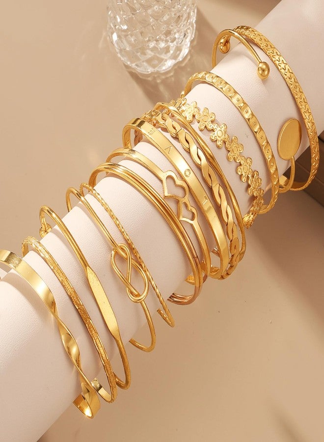 17IF 15 Pcs Gold Bangle Bracelet For Women, 14k Multilayer Charm Textured Stackable Bracelets Flower Love Heart More Style Indian Chunky Cuff Boho Jewelry Gift - Image 3