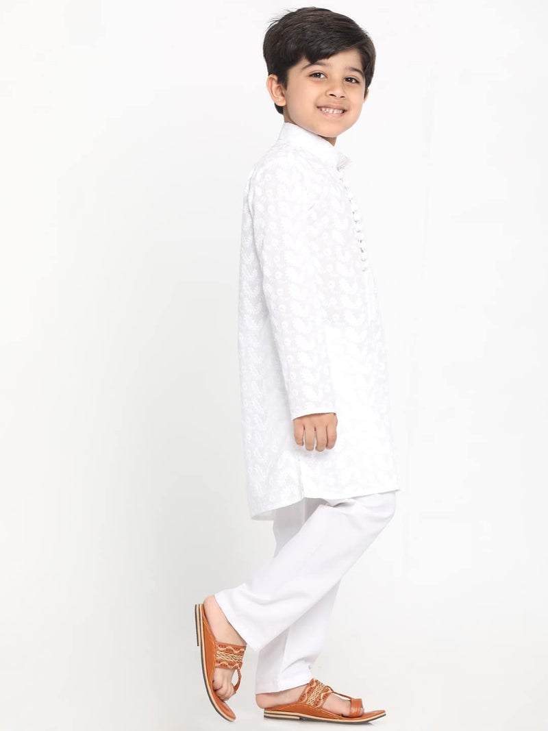 JBN Creation Boys Lukhnowi Chikankari White Kurta Pyjama Set | Traditional Ethnic Wear (JBNBK094WHnPWH_14) - Image 3