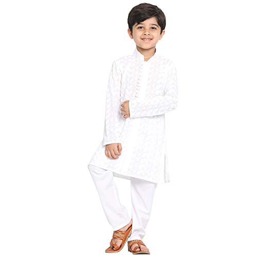 JBN Creation Boys Lukhnowi Chikankari White Kurta Pyjama Set | Traditional Ethnic Wear (JBNBK094WHnPWH_14) - Image 1