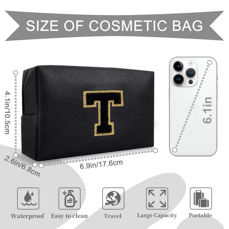 ChaoGreat حقيبة مكياج أولية مخصصة من A-Z Preppy Patch حقيبة مستحضرات تجميل صغيرة على شكل حرف Pu Chenille مع سحاب للفتيات المراهقات، حقيبة سوداء لطيفة لتنظيم أدوات الزينة، حقيبة مكياج هدية للنساء والفتيات، حرف T - Image 2
