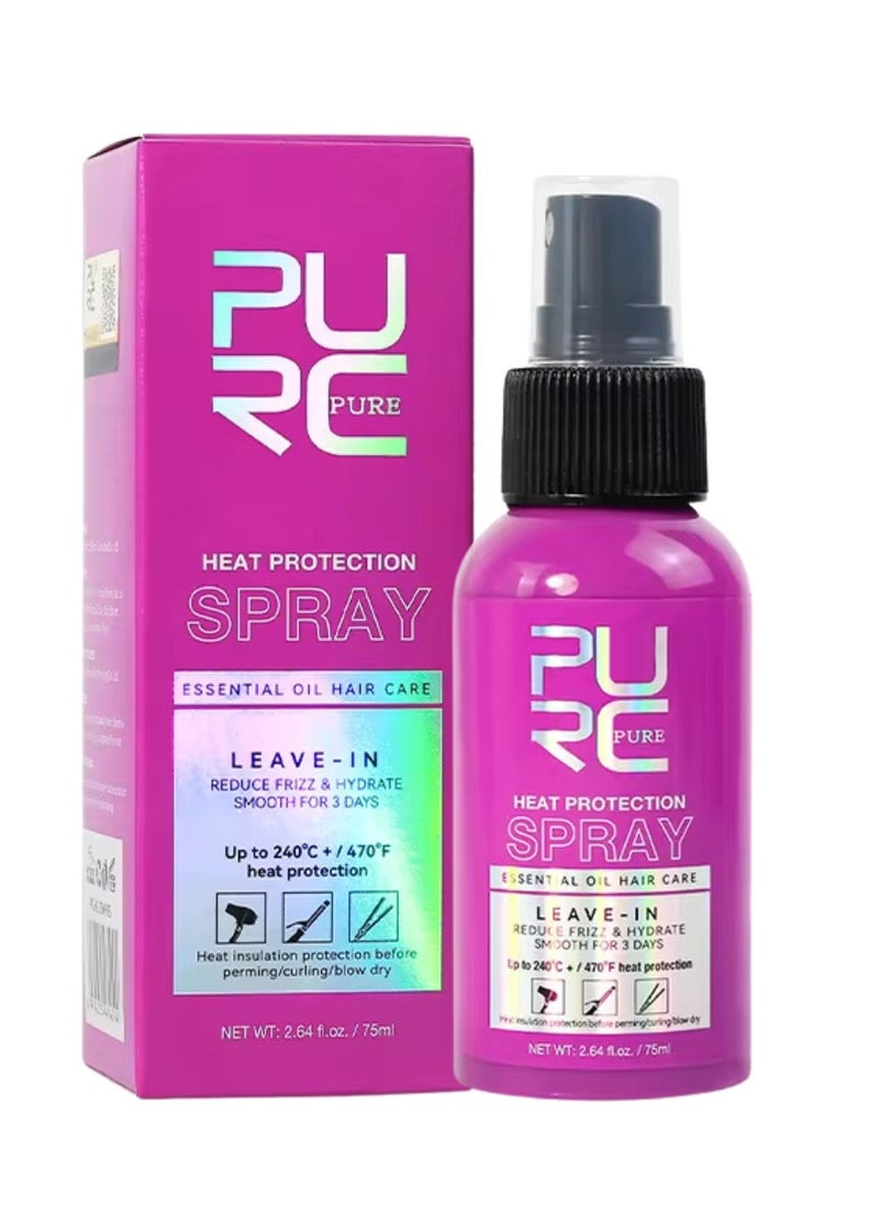 PURC - 75ml Heat Protection Spray for Hair Reduce Frizz Hydrate Smooth Hair for 3 Days Heat Protection Up to 240°C+ 470°F for Curling Perming Blow Dry Leave in Essential Oil Heat Protection Spray - Image 1