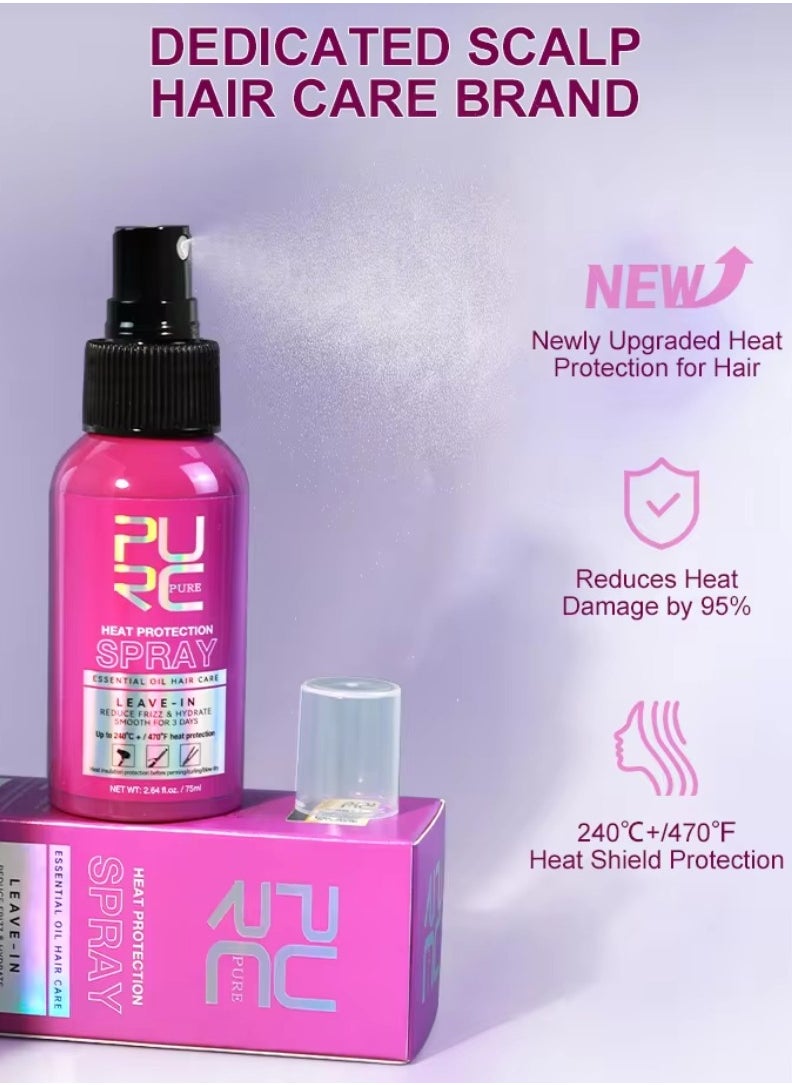 PURC - 75ml Heat Protection Spray for Hair Reduce Frizz Hydrate Smooth Hair for 3 Days Heat Protection Up to 240°C+ 470°F for Curling Perming Blow Dry Leave in Essential Oil Heat Protection Spray - Image 1