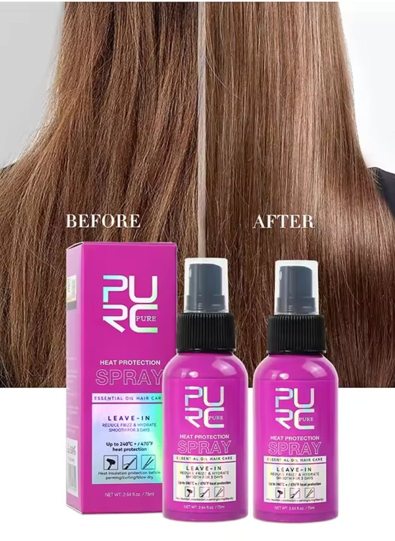 PURC - 75ml Heat Protection Spray for Hair Reduce Frizz Hydrate Smooth Hair for 3 Days Heat Protection Up to 240°C+ 470°F for Curling Perming Blow Dry Leave in Essential Oil Heat Protection Spray - Image 1