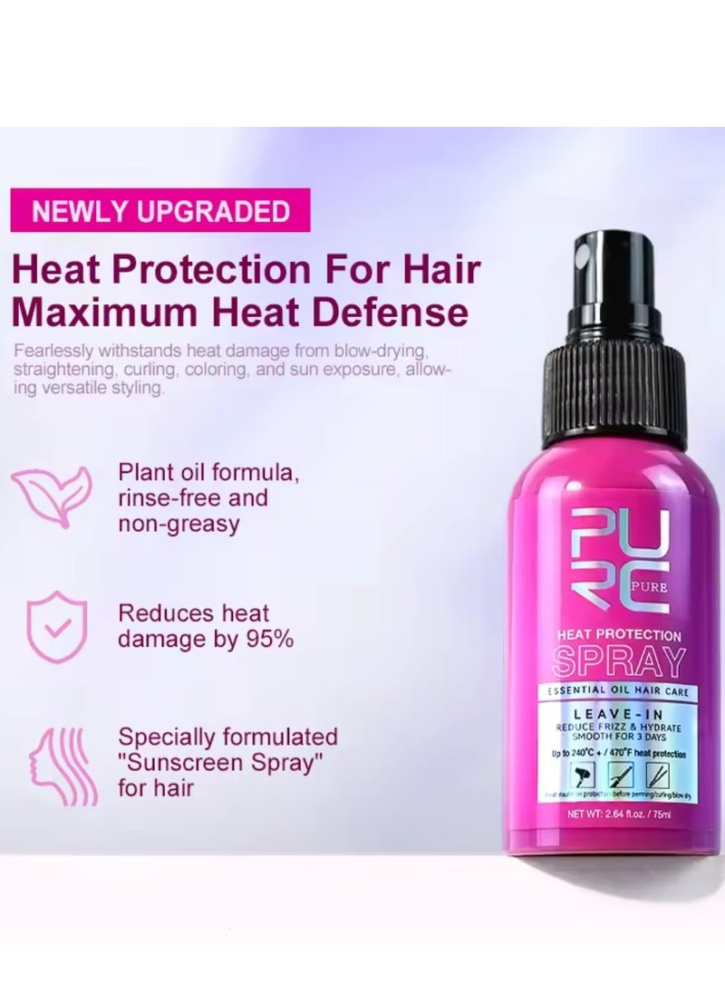 PURC - 75ml Heat Protection Spray for Hair Reduce Frizz Hydrate Smooth Hair for 3 Days Heat Protection Up to 240°C+ 470°F for Curling Perming Blow Dry Leave in Essential Oil Heat Protection Spray - Image 1
