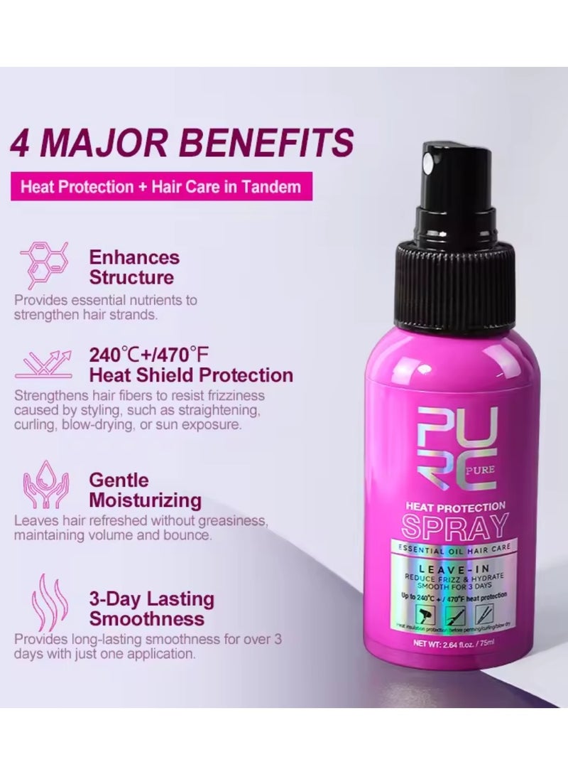 PURC - 75ml Heat Protection Spray for Hair Reduce Frizz Hydrate Smooth Hair for 3 Days Heat Protection Up to 240°C+ 470°F for Curling Perming Blow Dry Leave in Essential Oil Heat Protection Spray - Image 1