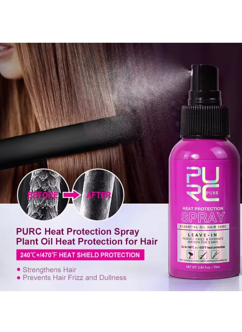 PURC - 75ml Heat Protection Spray for Hair Reduce Frizz Hydrate Smooth Hair for 3 Days Heat Protection Up to 240°C+ 470°F for Curling Perming Blow Dry Leave in Essential Oil Heat Protection Spray - Image 1